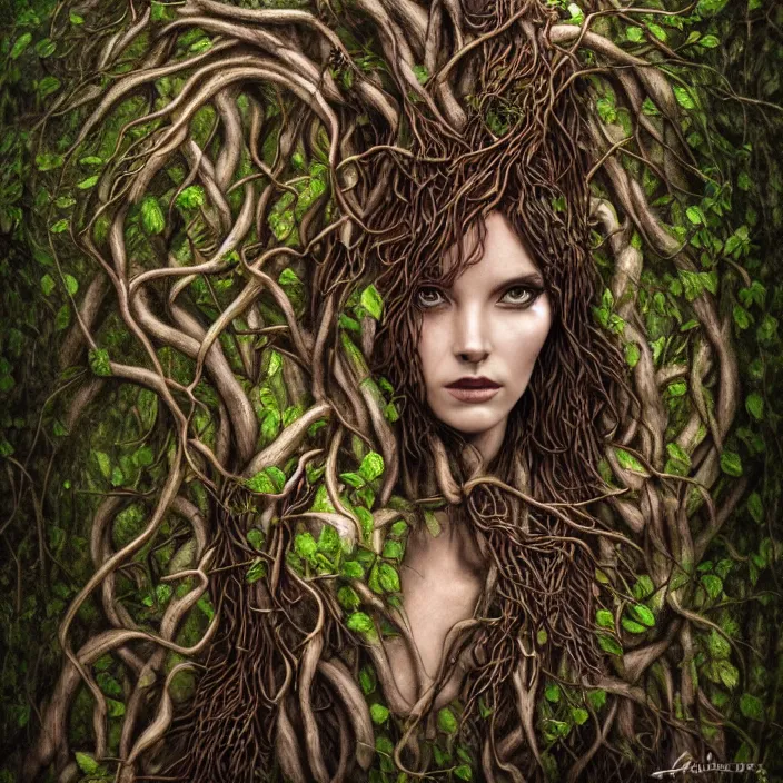 Prompt: female dryad, entwined by roots and vines, dark forest, surreal, nature, light shining through, hyper - realistic, highly detailed, sharp focus, smooth, intricate