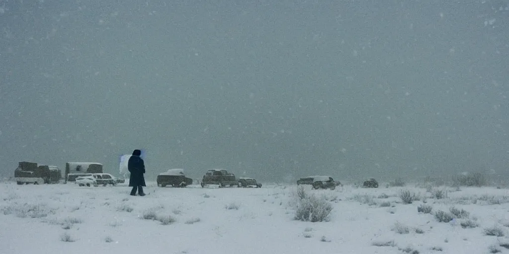 Image similar to photo of shiprock, new mexico during a snowstorm. a old man in a trench coat and a cane appears in the midground. cold color temperature. blue hour morning light, snow storm. hazy atmosphere. humidity haze. kodak ektachrome, greenish expired film, award winning, low contrast.