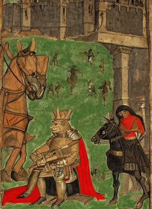 Image similar to a medieval manuscript of Shrek in armour, a illustration by Pietro Lorenzetti, trending on pinterest, romanesque, academic art, detailed painting, storybook illustration