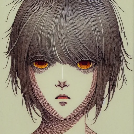 Image similar to prompt: Fragile looking soft light portrait face drawn by Takato Yamamoto and Katsuhiro Otomo, inspired by Ghost in Shell anime, magical and alchemical objects on the side, soft light, intricate detail, intricate ink painting detail, sharp high detail, manga and anime 2000