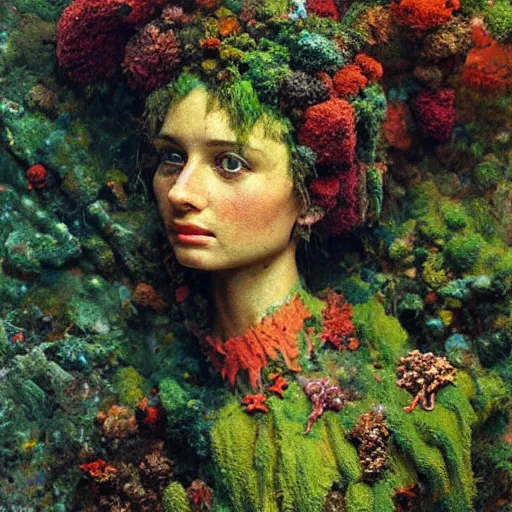 Prompt: a sculpture portrait made of moss and coral reefs and crystals and plants, painting part by wojciech siudmak, part by ilya repin, part by max ernst, part by norman rockwell, artstation