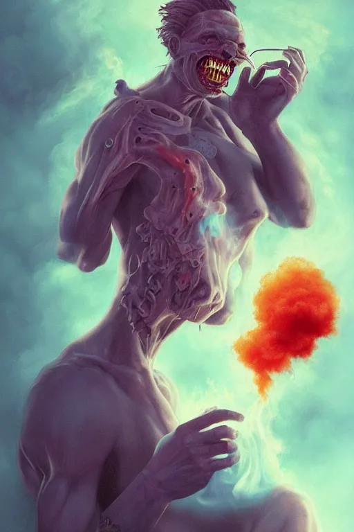 Image similar to portrait of a man with smoke demon coming from mouth, by artgerm, tom bagshaw, gerald brom, vaporwave!, vaporwave colors!, lo fi colors, vaporwave!, lo fi, 4 k, hd,