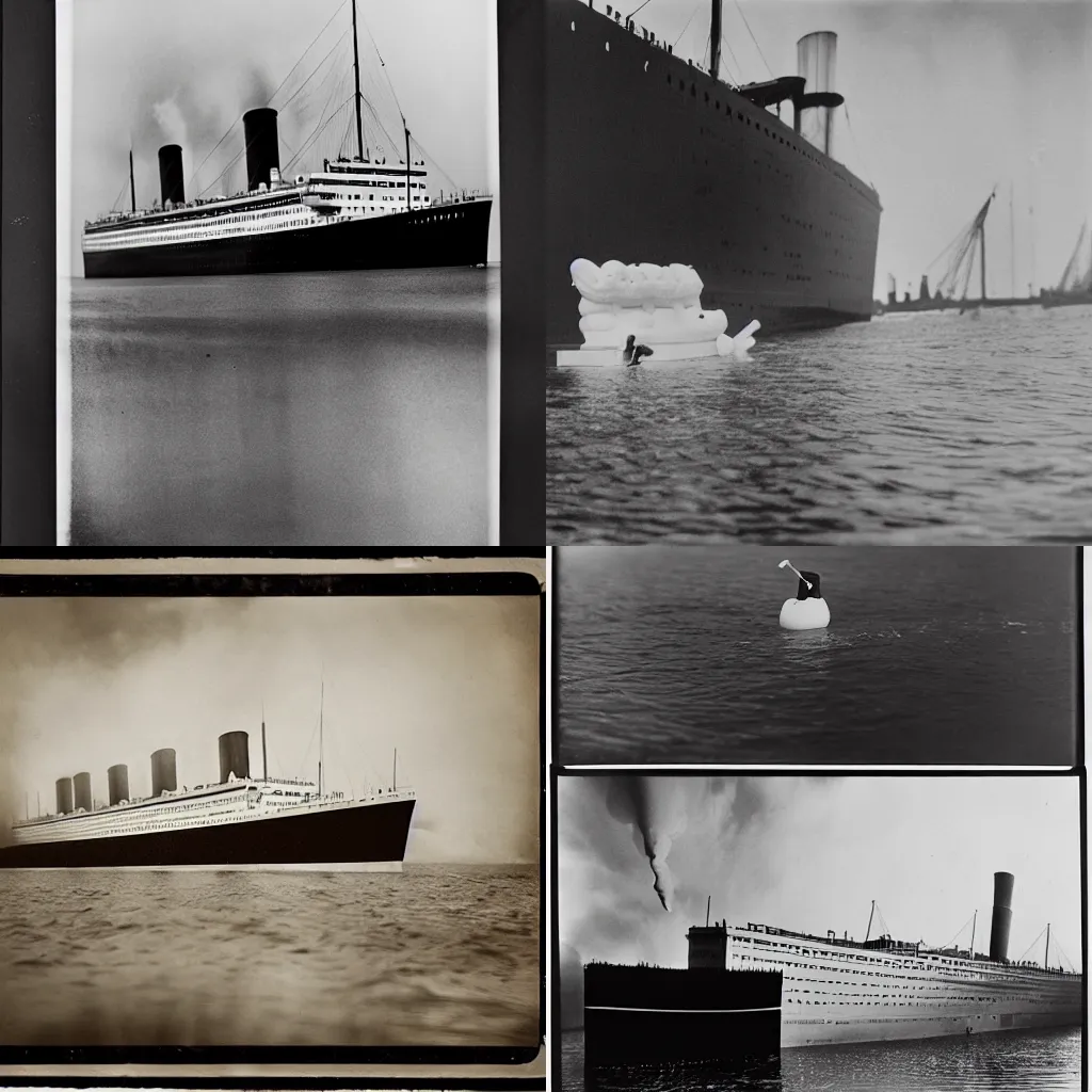 Prompt: a gigantic rubber ducky crashing into the titanic, wet plate photography