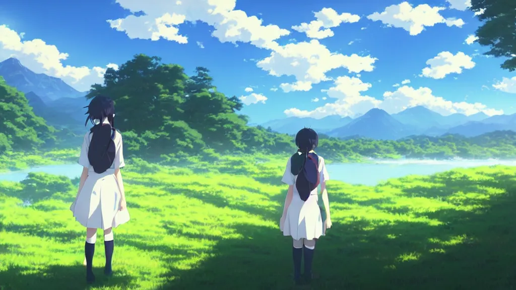 Prompt: A schoolgirl in the natural morning light , blue sky and white clouds, bright daylight passing through the gaps in the leaves leaving shadows on the ground, a shimmering lake in the distance, and foggy mountains in the background，artwork by Makoto Shinkai.