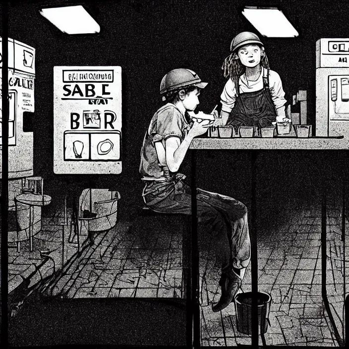 Image similar to sadie sink as a coal miner : sits at a table, eats bread. inside a dirty automated kiosk. bright tasty food options displayed on a wall. black tiles on walls. black and white, pencil and ink. by gabriel hardman, joe alves, chris bonura. cinematic atmosphere, detailed and intricate, perfect anatomy