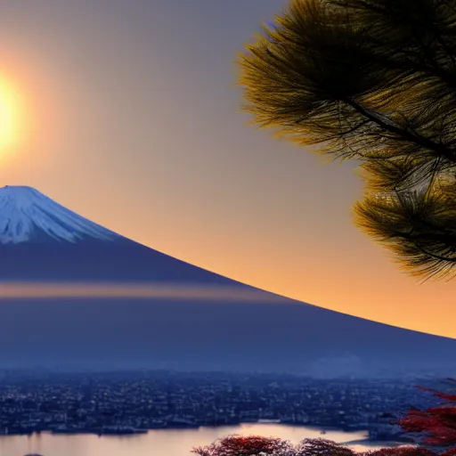 Image similar to mt fuji with the sun in the background, photorealistic, ultra - detailed, 4 k high resolution, hdr shot, vray rendering