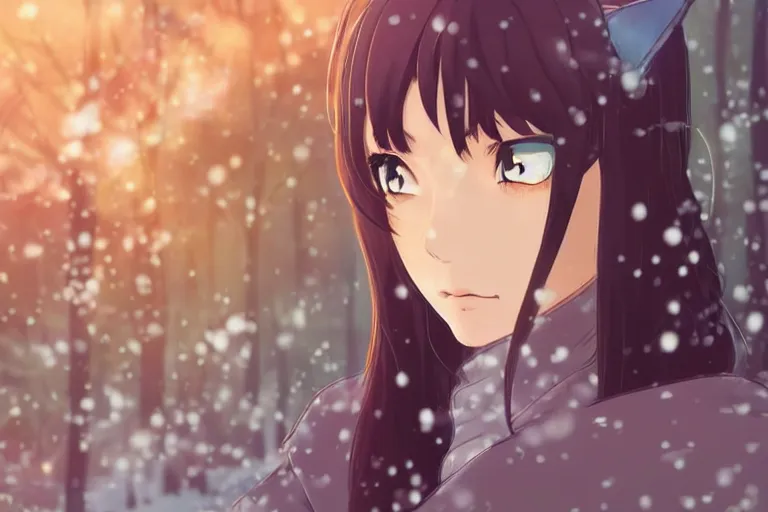 Prompt: female mage with cat ears in a snowy forest, detailed attractive face, fantasy art, anime style, by makoto shinkai, by studio ghibli, atmospheric, vector art, 4 k film still, close up portrait