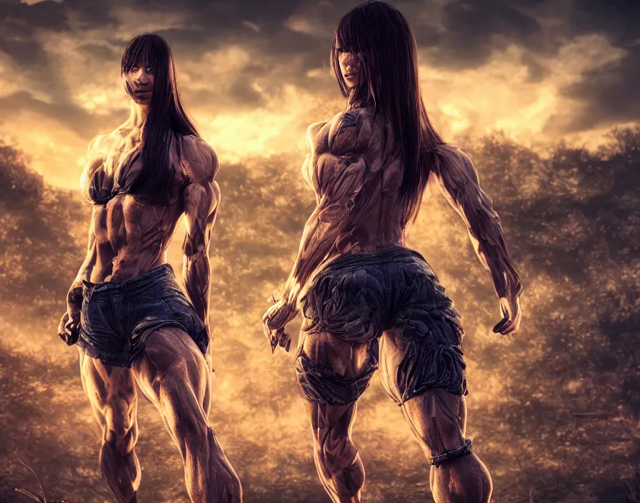 Image similar to ultra muscle like giga chad beautiful japanese girl, beautiful texture, beautiful graphics, fantasy artwork, very beautiful scenery, hd, hdr, ue 5, ue 6, unreal engine 5, cinematic 4 k wallpaper, 8 k, ultra detailed