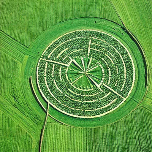 Prompt: crop circle, 1990 aerial photo