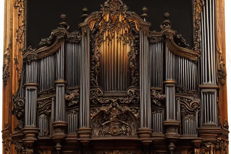 Prompt: pipe organ carved from dark smoke, high detail baroque oil painting