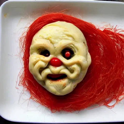 Image similar to spaghetti with meatballs shaped like screaming chucky doll