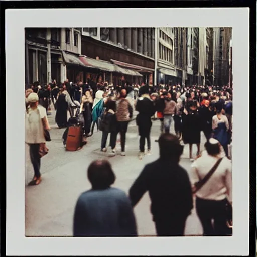 Image similar to wide - shot low angle of people in the busy street, polaroid photo, by andy warhol