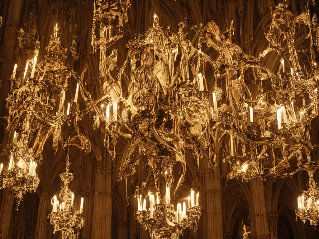 Prompt: an exploding horse in chandelier. hanging in a cathedral full of vomit