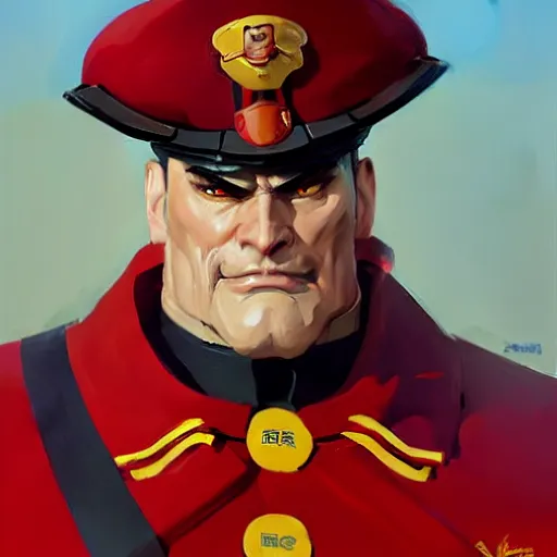 Image similar to Greg Manchess portrait painting of M. Bison as Overwatch character, medium shot, asymmetrical, profile picture, Organic Painting, sunny day, Matte Painting, bold shapes, hard edges, street art, trending on artstation, by Huang Guangjian and Gil Elvgren and Sachin Teng