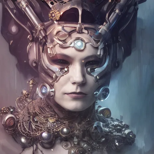 Image similar to a cyborg empress with mask, art nouveau ivory accessories, cyberpunk, darksynth, luxury, concept art by jama jurabaev, extremely detailed, ominous, ethereal, artstation, andree wallin, edvige faini, balaskas, alphonse mucha, symmetry