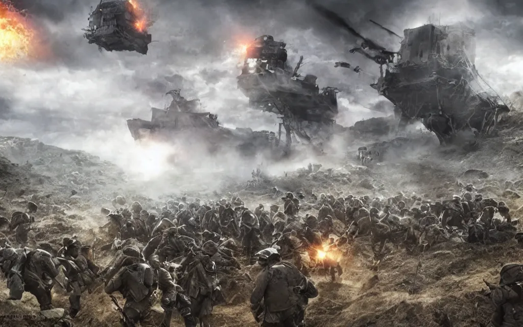 Image similar to fight ww 1, deep trenches with fortifications, soldiers fighting against aliens from resistance game, realistic people, ground explosion in the background, alien mothership in the sky, hyper realistic, highly detailed, dramatic lighting, raytarced, god rays, 4 k, 8 k, art by artgem, closeup