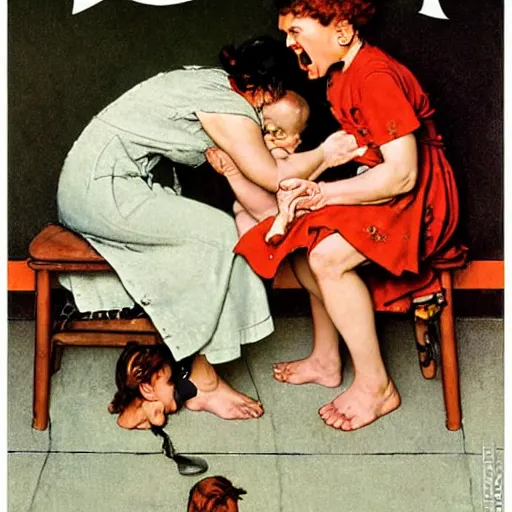 Prompt: A mother screaming to her baby artwork by Norman Rockwell, cinematic composition