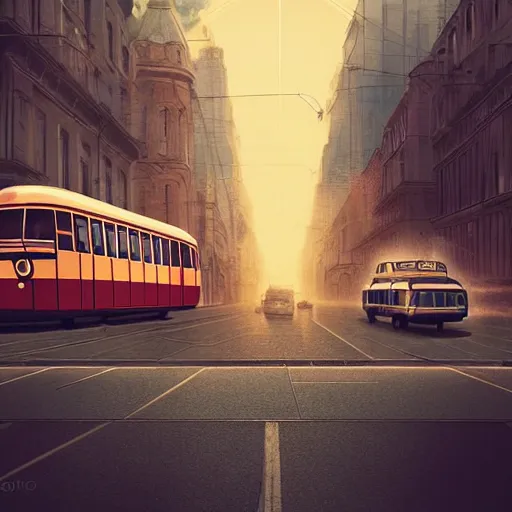 Image similar to retro futuristic vintage cars, buses, trams, street scene, atmospheric lighting, painted, intricate, volumetric lighting, beautiful, daytime, sunny weather, slight overcast, sharp focus, deep colours, ultra detailed, by leesha hannigan, ross tran, thierry doizon, kai carpenter, ignacio fernandez rios