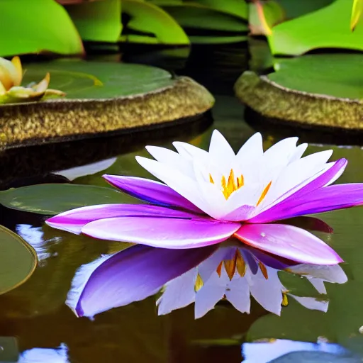 Prompt: white lilly floating in a lilly pond, peaceful setting, japanese garden