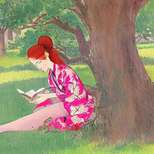 Image similar to beautiful ittle girl with long curly red hair dressed in a pink kimono and sitting next to a tree while reading a book, artwork made in western comic art style inspired in balthus, anatomically correct, higher details