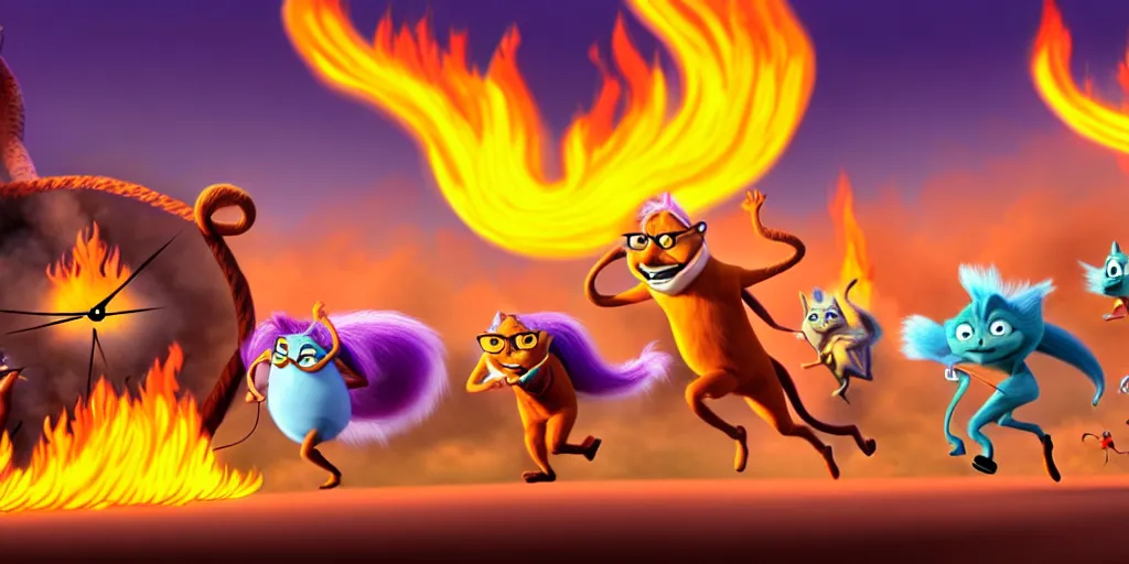 Image similar to cartoon concept art, terrified animal characters running from the fire, spiral clouds, from lorax movie