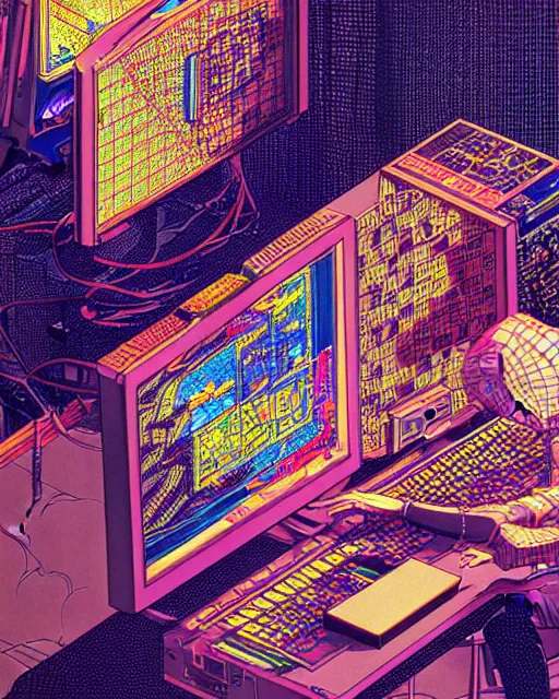 Image similar to hyper detailed illustration of a boy sitting in front of a computer and playing 3 d tetris, intricate linework, lighting poster by moebius, ayami kojima, 9 0's anime, retro fantasy