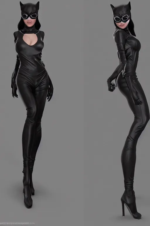 Prompt: full body 3d render of Catwoman, character art, concept art, photorealistic, finalRender, octane, Unreal Engine