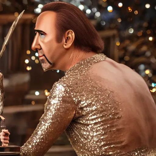 Image similar to Nicolas Cage with silver-violet hair, white eyes and golden glittery dress, wide lens, diorama, 4k,