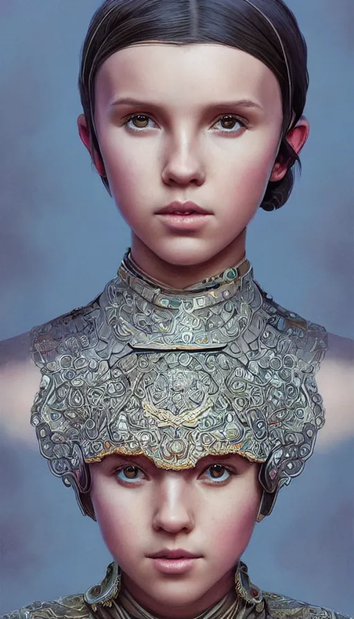 Image similar to girl millie bobby brown, mongolian shaman clothing, ritual, fame of thrones, fibonacci, sweat drops, intricate fashion clothing, insane, intricate, highly detailed, surrealistic, digital painting, artstation, concept art, smooth, sharp focus, illustration, unreal engine 5, 8 k, art by artgerm and greg rutkowski and alphonse mucha