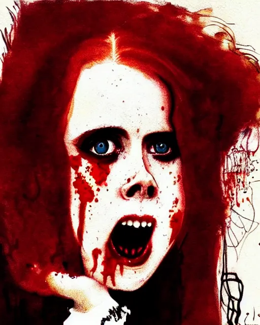 Prompt: style of ralph steadman : : gorgeous vampire amy adams : : sharp teeth fangs, open mouth sneer : : symmetrical face, symmetrical eyes : : gorgeous red hair : : magic lighting, low spacial lighting : :