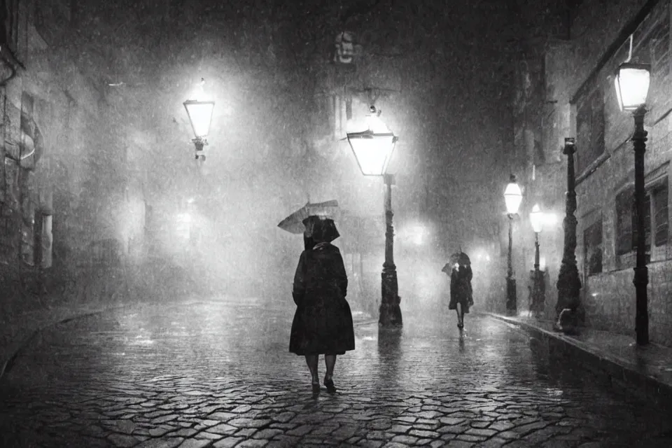 Image similar to wet plate, fumiko kaneko strolls along cobblestone street in tokyo, night time, alone, lamplight, victorian era, depth of field, very detailed, fog, highly accurate, intricate