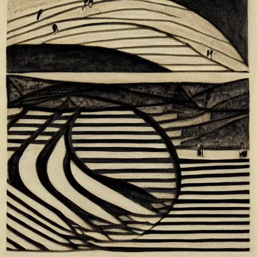 Prompt: umber by marjane satrapi angular. a river scene. the river is represented by a line winding through the center of the mixed mediart. the banks of the river are represented by two lines, one on each side.