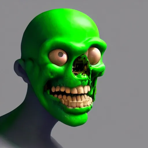Prompt: a 3d render profile of a green zombie with an exposed brain smiles happily, digital illustration, digital art, trending on artstation, detailed professional art,