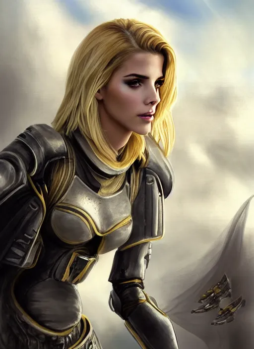 Image similar to portrait of a combination of Ashley Greene, Katheryn Winnick, Victoria Justice and Adriana Dxim, Grace Kelly, Emma Watson and Lily Collins with blonde hair wearing Terran Armor from StarCraft, countryside, calm, fantasy character portrait, dynamic pose, above view, sunny day, thunder clouds in the sky, artwork by Jeremy Lipkin and Giuseppe Dangelico Pino and Michael Garmash and Rob Rey and Greg Manchess and Huang Guangjian, very coherent asymmetrical artwork, sharp edges, perfect face, simple form, 100mm