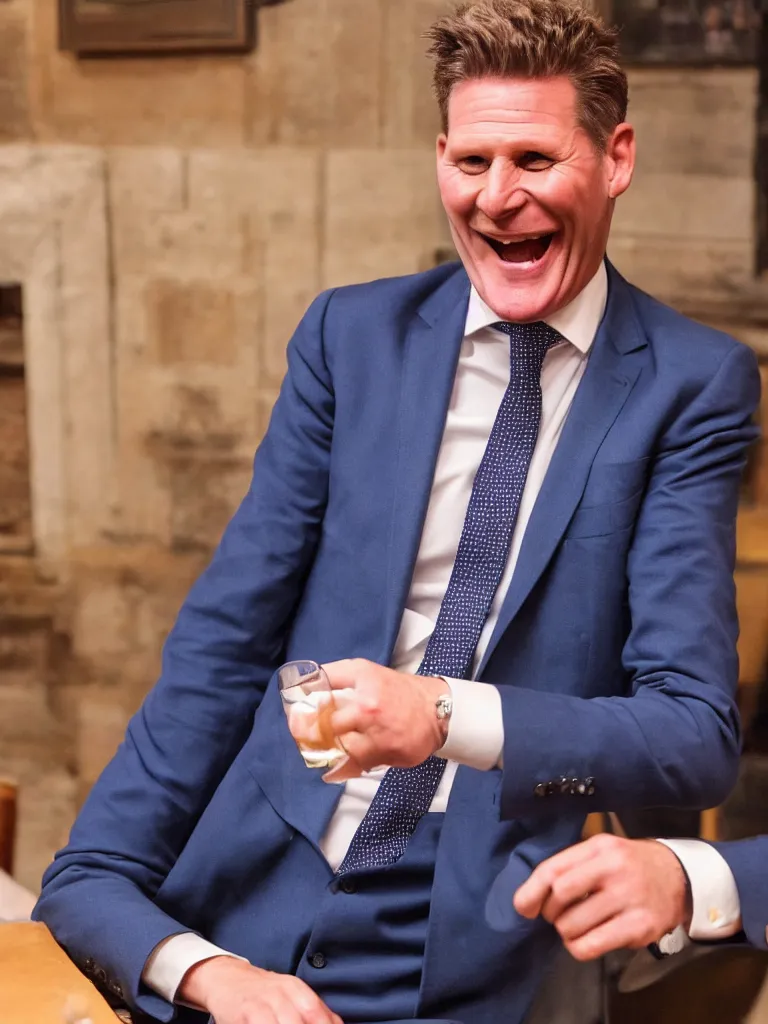 Image similar to Sir Kier Starmer wearing a blue suit laughing and drinking a big pint of lager