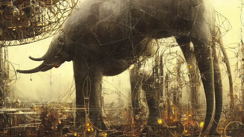 Image similar to giant elephant of sci fi metallic human melancholic complex geometric geodesic figure liminal machinery mechanica by oskar schlemmer, moebius, john berkey, film grain, oil on canvas featured on artstation, hd wallpaper, 4 k