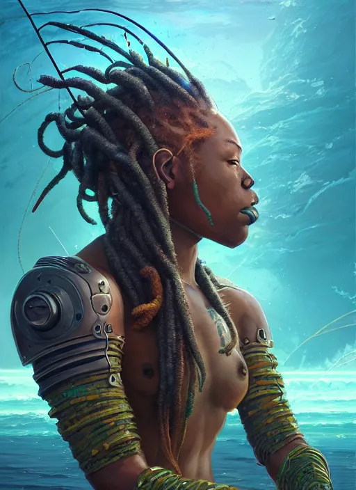 Prompt: portrait of a jamaican fisherman sci - fi fishing armor muscular cyberpunk dreadlocks intricate elegant highly detailed digital painting artstation concept art, ocean splashing background, greg rutkowski, loish, rhads, ferdinand knab, makoto shinkai and lois van baarle, ilya kuvshinov, rossdraws, tom bagshaw