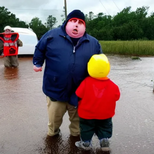 Prompt: eric cartman in real life, helping to rescue victims of a hurricane in louisiana, photograph