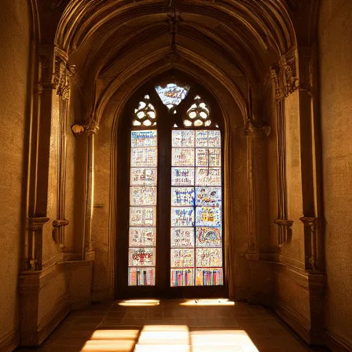 Prompt: photo, sunlight and dust sparkling, shining through a beautiful stained glass window in a dark hallway, with ray showing on the floor, intricate details, extremely high quality, moody lighting, real camera, real caustics, real photo, 8 k, full subject in shot