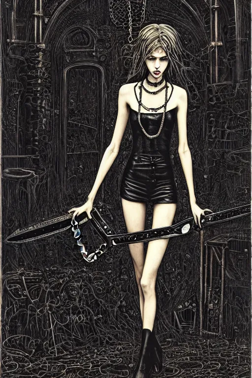 Image similar to dreamy gothic girl, black leather slim clothes, chains, chainsaw, beautiful slim body, detailed acrylic, grunge, intricate complexity, by dan mumford and by alberto giacometti, peter lindbergh