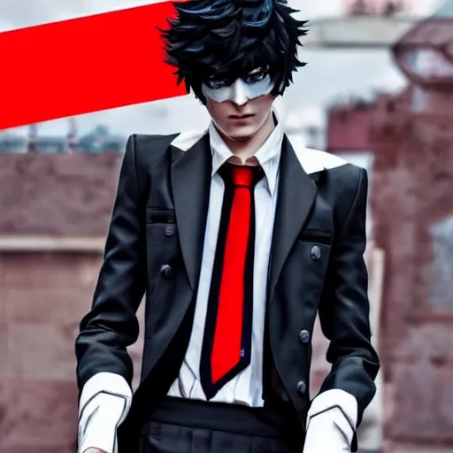 Image similar to persona 5 joker outfit in real life, pinterest, 4k high quality