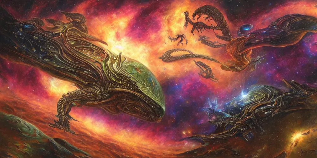 Prompt: alien dragons flying through outer space, epic nebula, asteroid belt, dan seagrave art