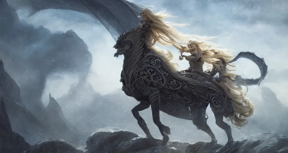 Image similar to A beautiful Norse Goddess with long flowing blonde hair riding her dragon, fantasy, intricate, elegant, highly detailed, D&D, digital painting, artstation, concept art, matte painting, sharp focus, illustration, extremely moody lighting, glowing light and shadow, atmospheric, shadowy, cinematic, in the style of Greg Rutkowski and Alphonse Mucha and felix kelly