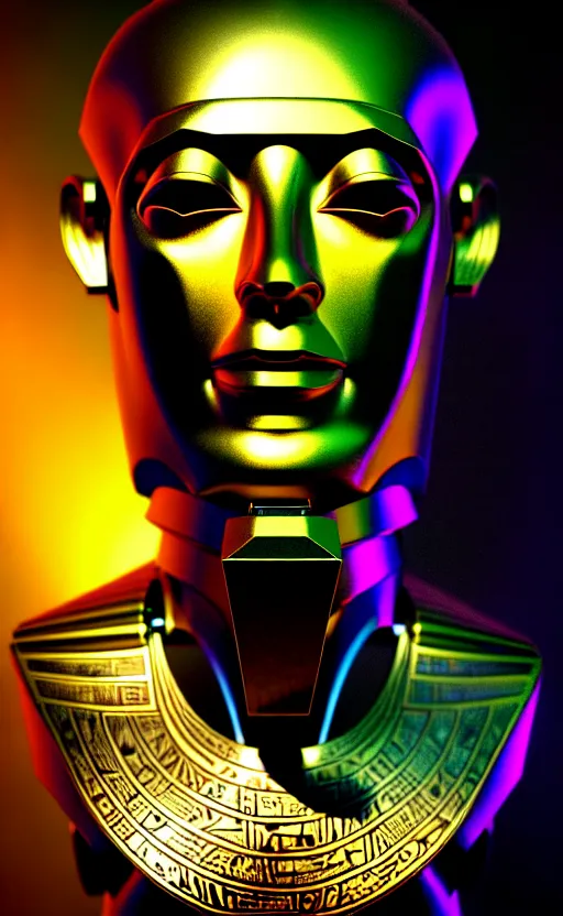 Prompt: humanoid robot, crystal material, portrait bust, symmetry, faded colors, king tut mask, cypherpunk background, tim hildebrandt, wayne barlowe, bruce pennington, donato giancola, larry elmore, masterpiece, trending on artstation, featured on pixiv, cinematic composition, beautiful lighting, hyper detailed, 8 k, unreal engine 5