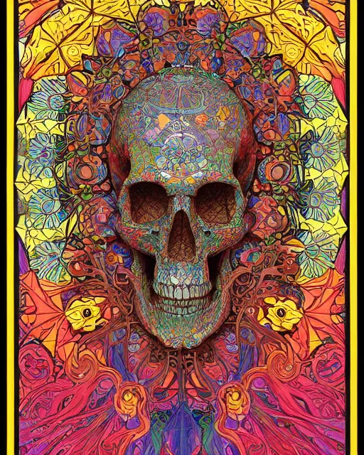 Image similar to skull carving art surrounded by varities of superhot chili peppers, cell shading, voronoi, fibonacci sequence, sacred geometry by Alphonse Mucha, Moebius, hiroshi yoshida, Art Nouveau, colorful, ultradetailed, vivid colour, 3d