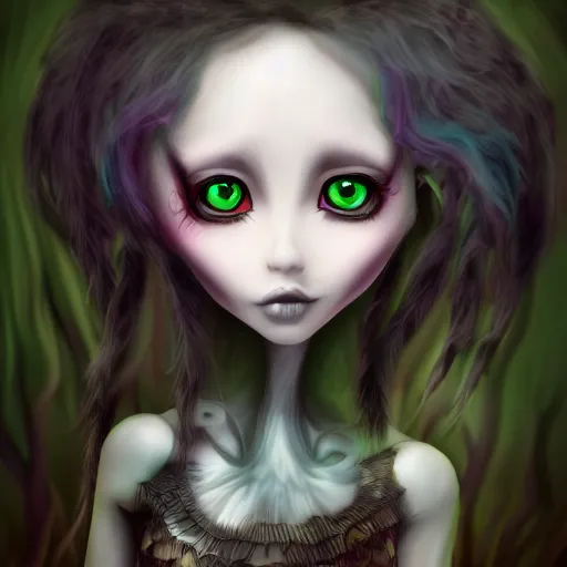 Image similar to portrait of beautiful darkness witch as a 3D anime girl, dark forest background, inspired by Tim Burton, digital painting, unreal engine render, volumetric light, high détail