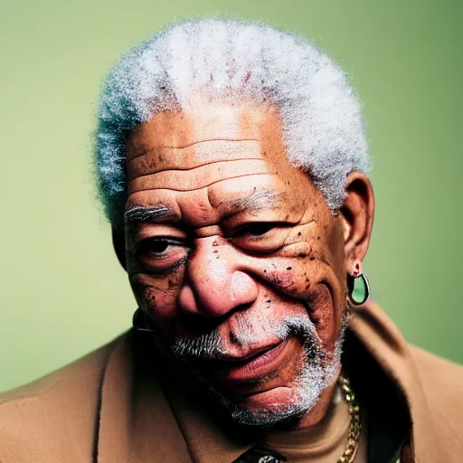 Image similar to a candid portrait photograph of Morgan Freeman starring as rapper Travis Scott in the style of Chi Mondu, shallow depth of field, 40mm lens