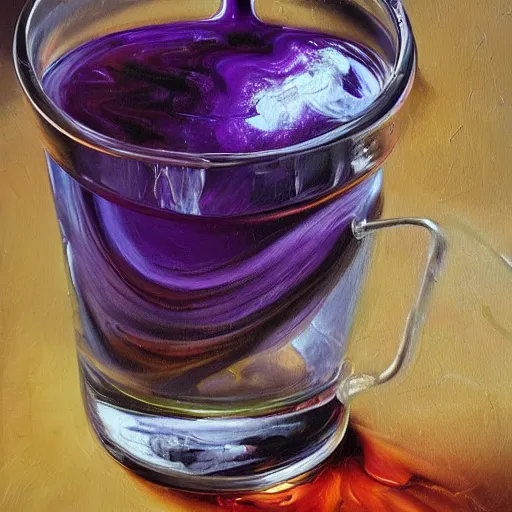 Prompt: thick swirling purple liquid being poured out of a glass phial, high detail, realistic, oil painting