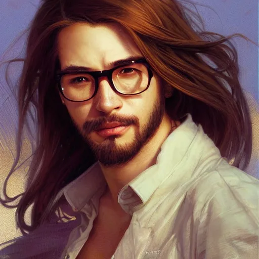 Prompt: highly detailed vfx portrait of a brown long hair centre parting pretty boy with brown eyes and glasses and short goatee by hidari, wenjun lin, alphonse mucha, sakimichan, sharp focus, art by artgerm and greg rutkowski!, backlit, harsh overhead sunlight,