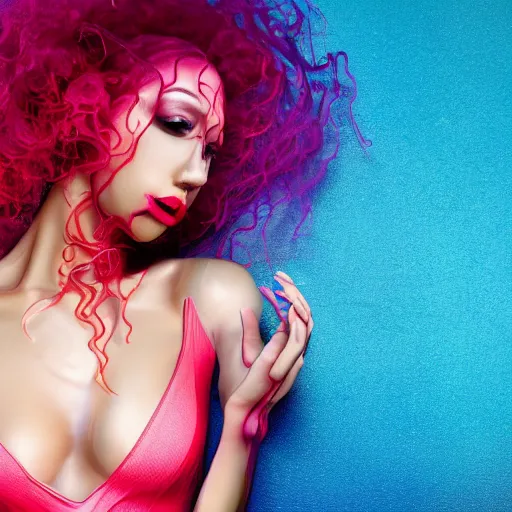 Prompt: Vass Roland cover art body art future bass girl un wrapped statue bust curls of hair petite lush front view body photography model full body curly jellyfish lips art contrast vibrant futuristic fabric skin jellyfish material metal veins style of Jonathan Zawada, Thisset colours simple background objective